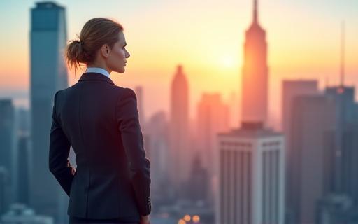 A person looking confidently towards a new city skyline.
